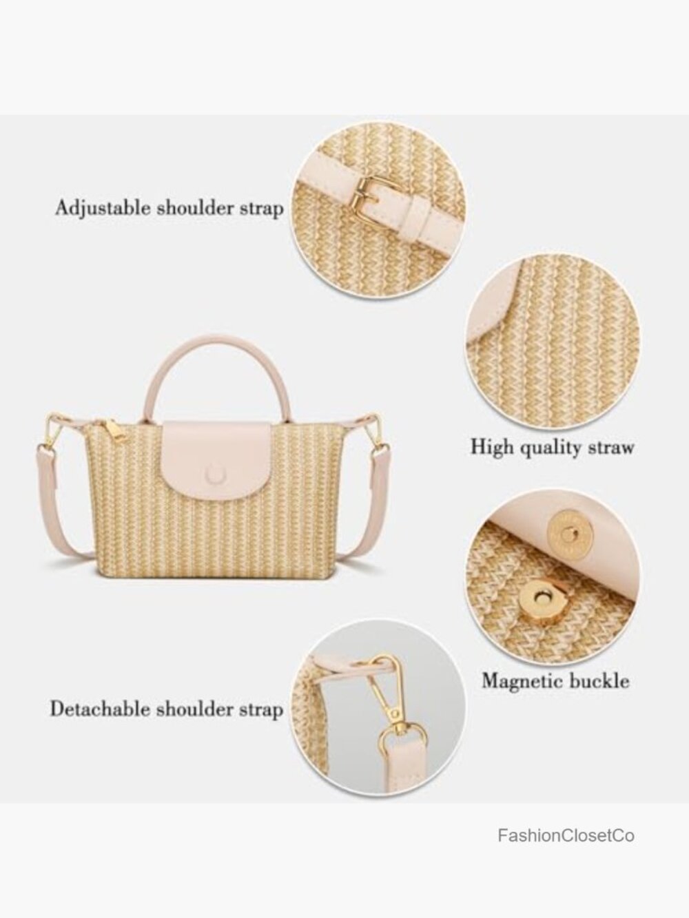 Mini Straw Crossbody Bag with Top Handle and Adjustable Strap - Picture 5 of 7